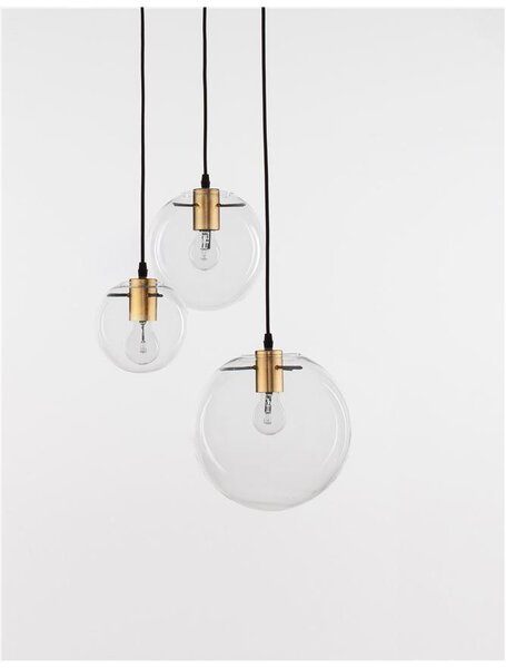 Nova Luce Závěsné svítidlo MIRALE čiré sklo a zlatý kov černý PVC kabel E27 3x12W