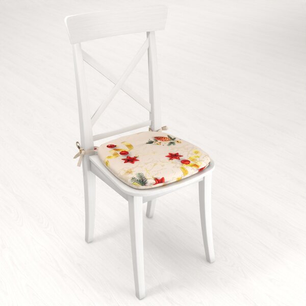 Biante Oblý podsedák Parma PM-137 Vánoční ozdoby s větvičkami na zlato-béžovém - 39x37x3 cm