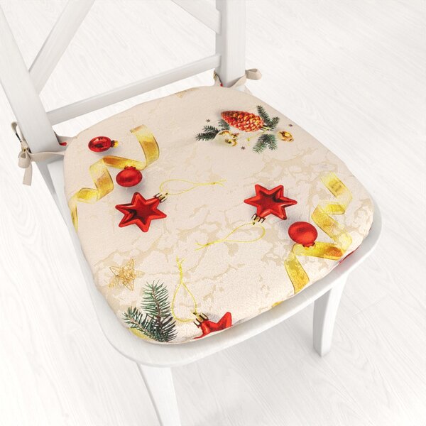 Biante Oblý podsedák Parma PM-137 Vánoční ozdoby s větvičkami na zlato-béžovém - 39x37x3 cm