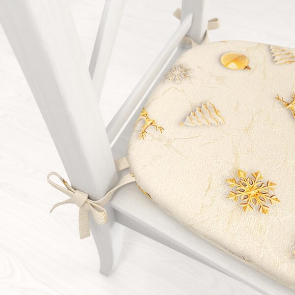 Biante Oblý podsedák Parma PM-136 Zlato-bílé vánoční ozdoby na zlato-béžovém - 39x37x3 cm