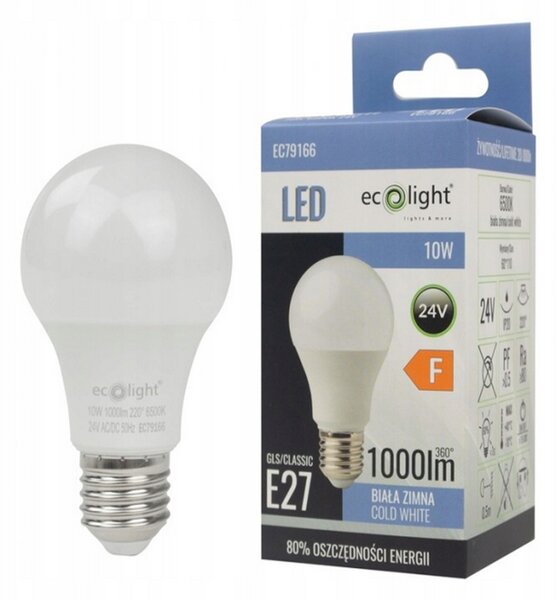 LED žárovka E27 10W 24V - studená bílá ECOLIGHT