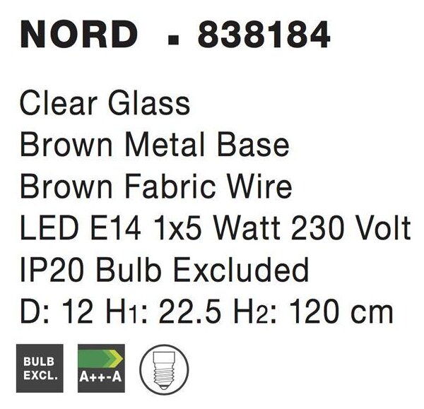 Nova Luce Závěsné svítidlo NORD čiré sklo hnědá kovová základna E14 1x5W