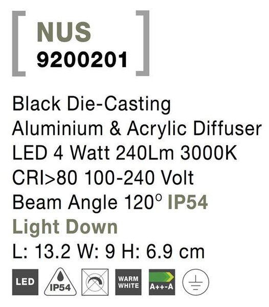 Nova Luce Venkovní nástěnné svítidlo NUS, LED 4W 3000K 120st. IP54 světlo dolů