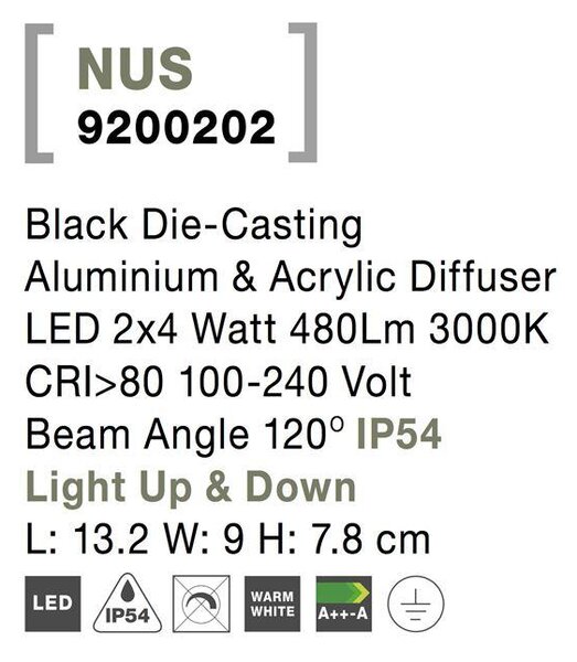 Nova Luce Venkovní nástěnné svítidlo NUS, LED 2x4W 3000K 120st. IP54