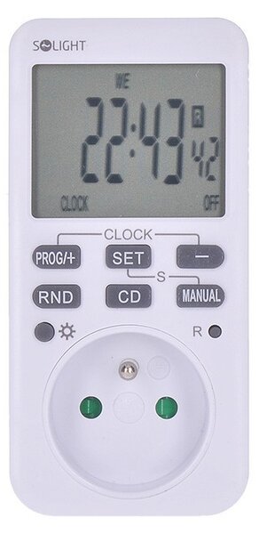 SOLIGHT Digitální týdenní časový spínač 230V/16A, 10 režimů, velký LCD, bílý