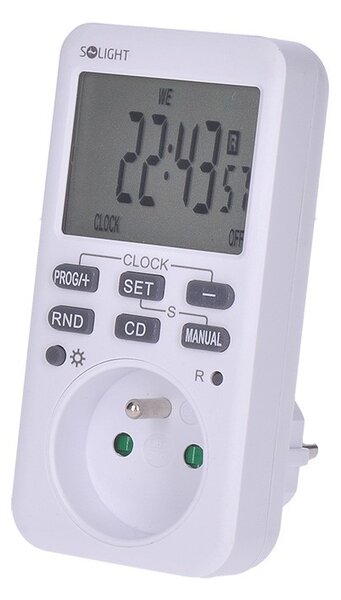 SOLIGHT Digitální týdenní časový spínač 230V/16A, 10 režimů, velký LCD, bílý