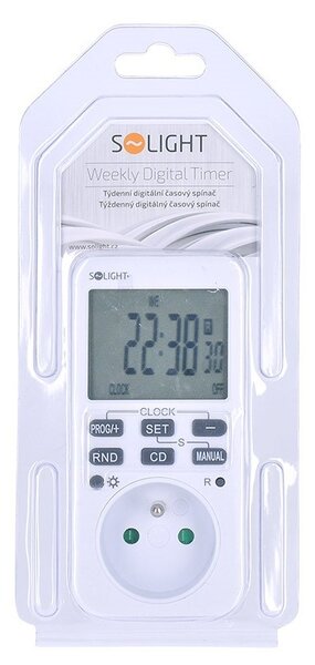 SOLIGHT Digitální týdenní časový spínač 230V/16A, 10 režimů, velký LCD, bílý