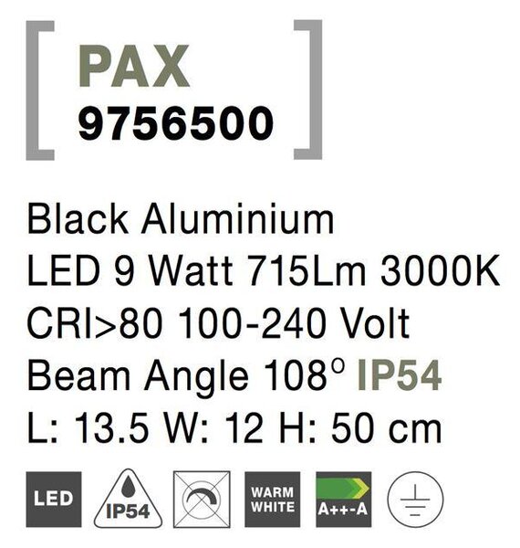Nova Luce Venkovní sloupkové svítidlo PAX černý hliník, 50cm, LED 9W 3000K, IP54