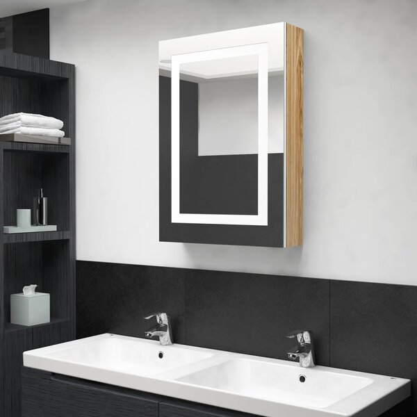 LED koupelnová skříňka se zrcadlem bílá a dub 50 x 13 x 70 cm