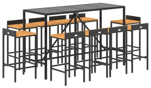 11dílný zahradní barový set černý polyratan a masivní akácie