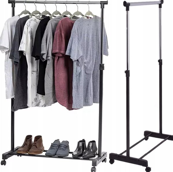 ČERNÝ KOVOVÝ VĚŠÁK NA KOLEČKÁCH SKŘÍŇ NA OBLEČENÍ STOJAN ŠATNÍK LOFT