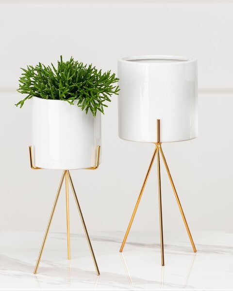KERAMICKÝ KVĚTINÁČ SE STOJÁNEM EMMA SMOOTH 28X13 CM BÍLÁ