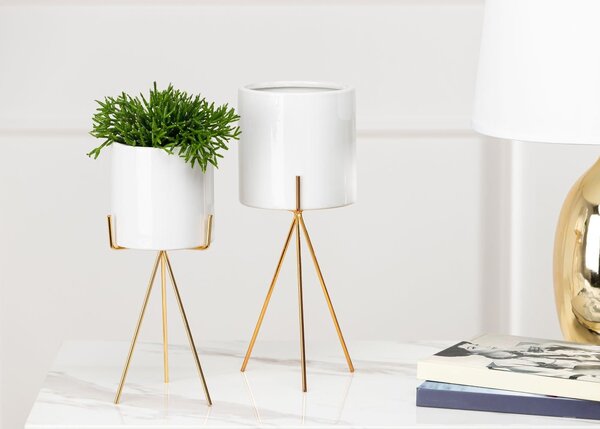 KERAMICKÝ KVĚTINÁČ SE STOJÁNEM EMMA SMOOTH 28X13 CM BÍLÁ