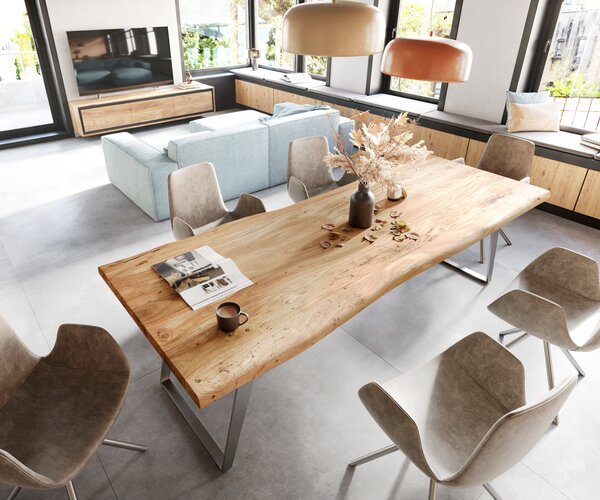 DELIFE Jídelní stůl Edge 260x100 cm XL akácie přírodní nerezová ocel stříbrná šikmý Live-Edge
