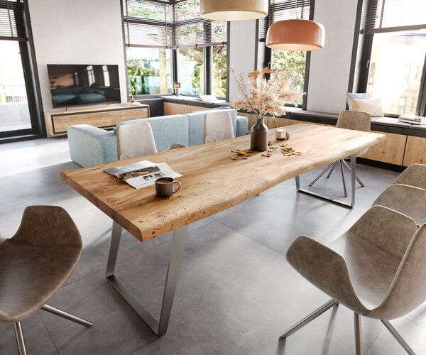 DELIFE Jídelní stůl Edge 260x100 cm XL akácie přírodní nerezová ocel stříbrná šikmý Live-Edge