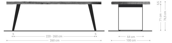 DELIFE Jídelní stůl Edge 260x100 cm XL akácie přírodní nerezová ocel stříbrná šikmý Live-Edge