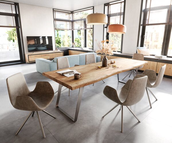 DELIFE Jídelní stůl Edge 260x100 cm XL akácie přírodní nerezová ocel stříbrná šikmý Live-Edge