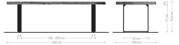 DELIFE Jídelní stůl Edge 260x100 XL akácie přírodní nerezová ocel úzký Live-Edge