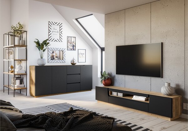 TV stolek Loftia 200 cm dvoudveřový s výklenkem - dub artisan / černý mat