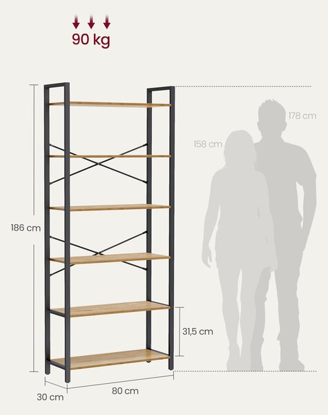 REGÁL, černá, barvy vlašských ořechů, ocel, 80/186/30 cm Boxxx - Knihovny, Online Only