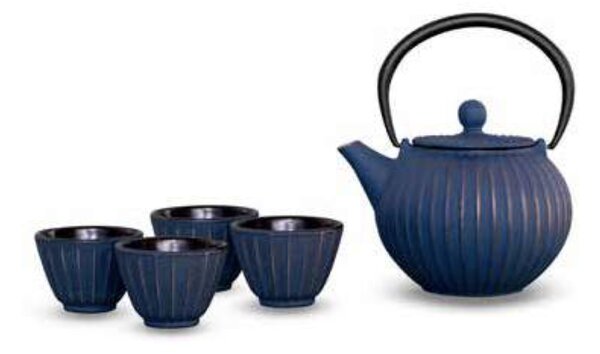 Litinová čajová konvice s filtrem 500ml, modro-zlatá v sadě se 4 šálky - WD Lifestyle