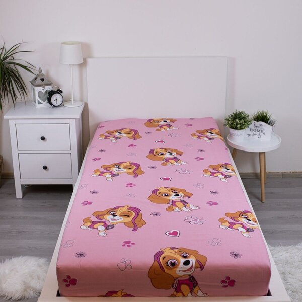 Růžové napínací bavlněné dětské prostěradlo na jednolůžko 90x200 cm Paw Patrol – Jerry Fabrics