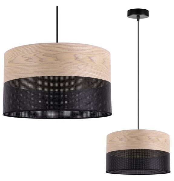 Závěsné svítidlo Wood, 1x béžová dubová dýha/černé plastové stínítko, (fi 30cm)