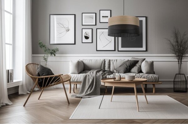 Závěsné svítidlo Wood, 1x dýha zlatý dub/černé plastové stínítko, (fi 40cm)
