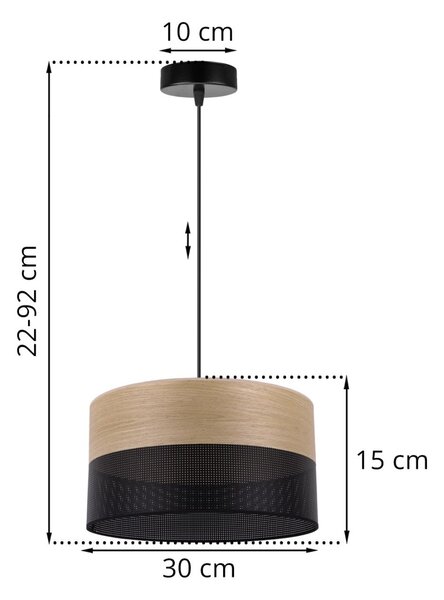 Závěsné svítidlo Wood, 1x dýha zlatý dub/černé plastové stínítko, (fi 30cm)