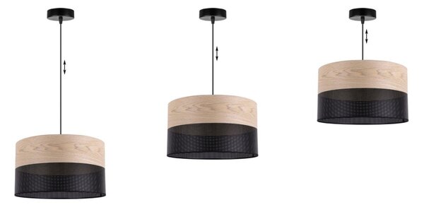 Závěsné svítidlo Wood, 1x béžová dubová dýha/černé plastové stínítko, (fi 35cm)