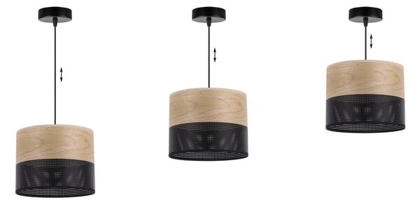 Závěsné svítidlo Wood, 1x dýha zlatý dub/černé plastové stínítko, (fi 20cm)