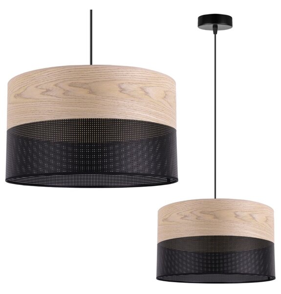 Závěsné svítidlo Wood, 1x béžová dubová dýha/černé plastové stínítko, (fi 35cm)
