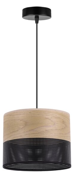Závěsné svítidlo Wood, 1x dýha zlatý dub/černé plastové stínítko, (fi 20cm)