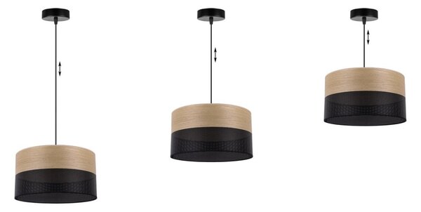 Závěsné svítidlo Wood, 1x dýha zlatý dub/černé plastové stínítko, (fi 30cm)