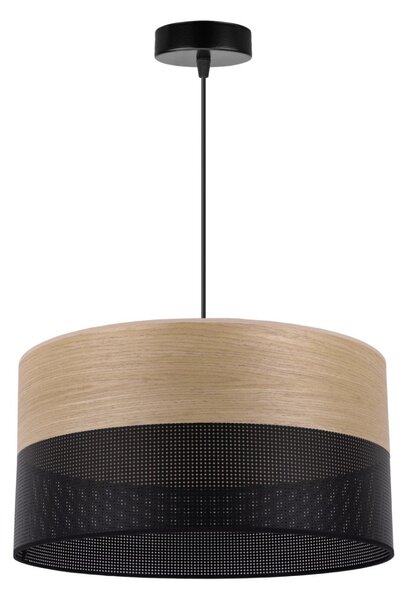 Závěsné svítidlo Wood, 1x dýha zlatý dub/černé plastové stínítko, (fi 40cm)