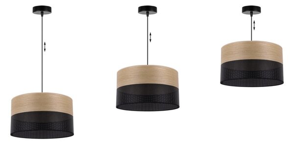 Závěsné svítidlo Wood, 1x dýha zlatý dub/černé plastové stínítko, (fi 35cm)