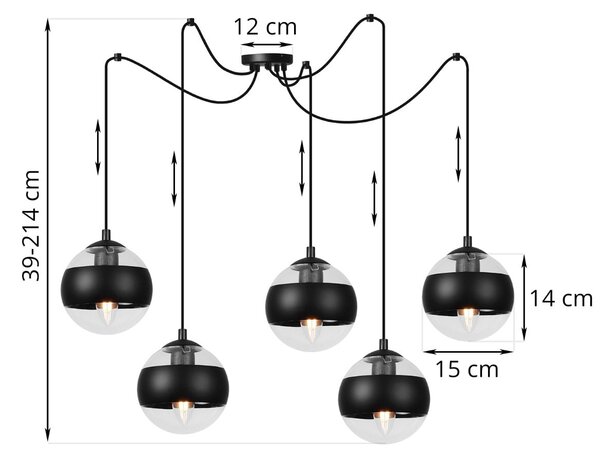 Závěsné svítidlo Toledo Spider, 5x černé/transparentní skleněné stínítko, B
