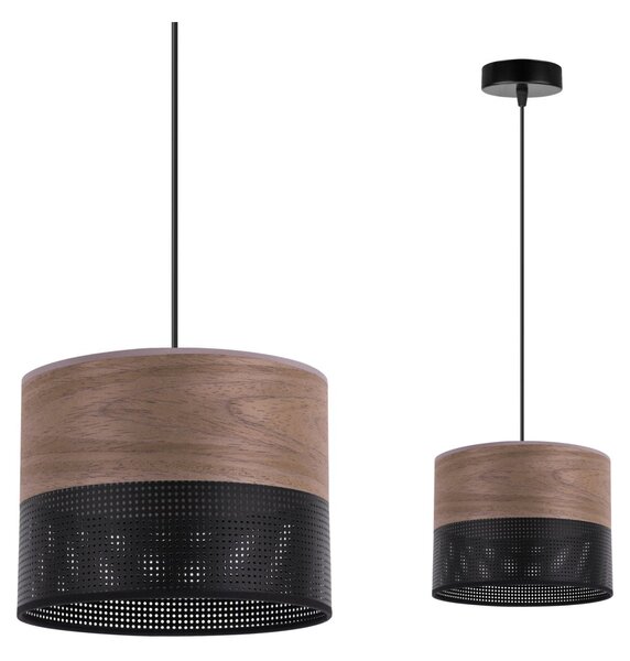 Závěsné svítidlo Wood, 1x hnědá ořechová dýha/černé plastové stínítko, (fi 20cm)