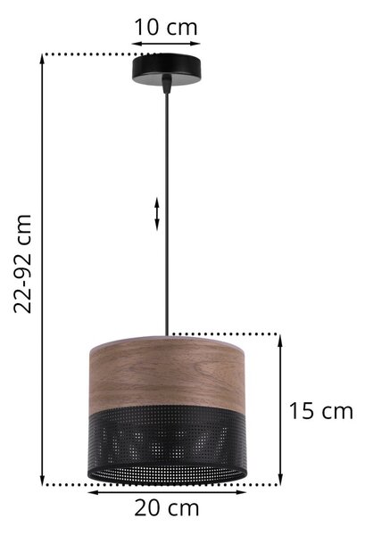Závěsné svítidlo Wood, 1x hnědá ořechová dýha/černé plastové stínítko, (fi 20cm)