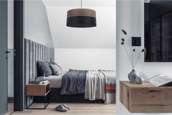 Závěsné svítidlo Wood, 1x hnědá ořechová dýha/černé plastové stínítko, (fi 44cm)