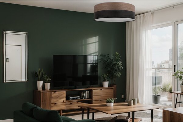 Stropní svítidlo Wood, 1x hnědá ořechová dýha/černé plastové stínítko, (bílé plexisklo), (fi 50cm)