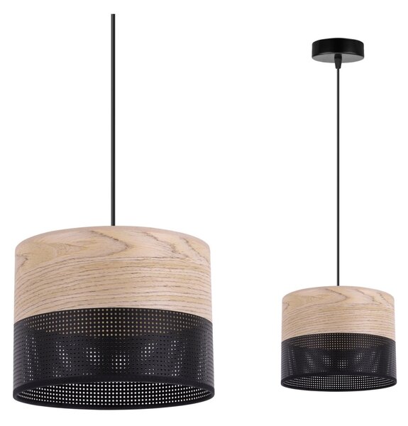 Závěsné svítidlo Wood, 1x béžová dubová dýha/černé plastové stínítko, (fi 20cm)