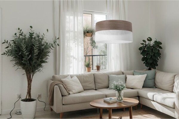Závěsné svítidlo Wood, 1x hnědá ořechová dýha/bílé plastové stínítko, (fi 44cm)