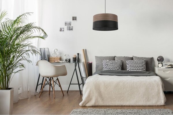 Závěsné svítidlo Wood, 1x hnědá ořechová dýha/černé plastové stínítko, (fi 40cm)