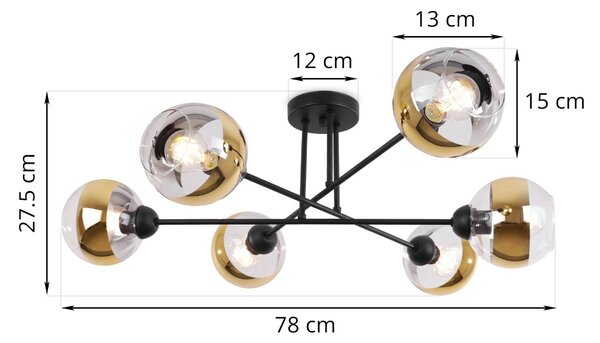 Stropní svítidlo Asturia, 6x zlaté/transparentní skleněné stínítko, B