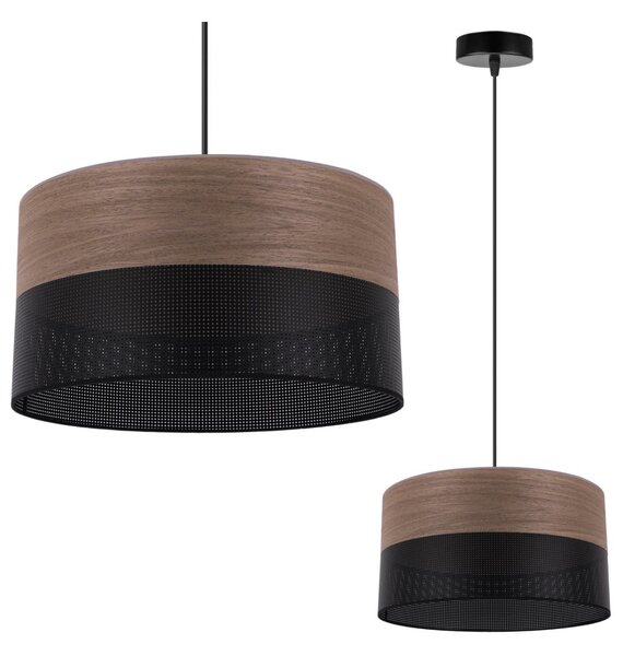 Závěsné svítidlo Wood, 1x hnědá ořechová dýha/černé plastové stínítko, (fi 30cm)