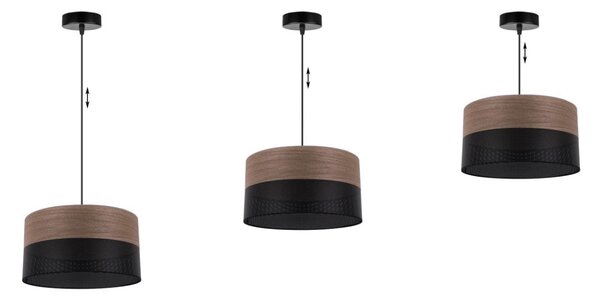 Závěsné svítidlo Wood, 1x hnědá ořechová dýha/černé plastové stínítko, (fi 30cm)
