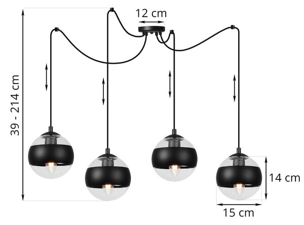 Závěsné svítidlo Toledo Spider, 4x černé/transparentní skleněné stínítko, B