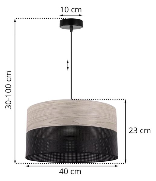 Závěsné svítidlo Wood, 1x světle béžová dubová dýha/černé plastové stínítko, (fi 40cm)