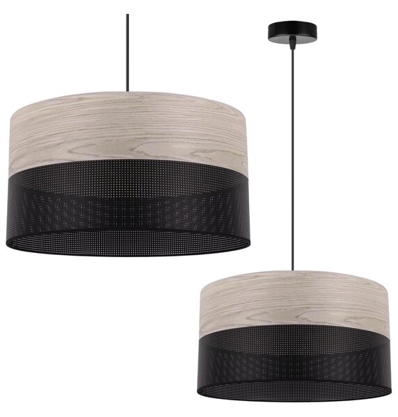 Závěsné svítidlo Wood, 1x světle béžová dubová dýha/černé plastové stínítko, (fi 40cm)